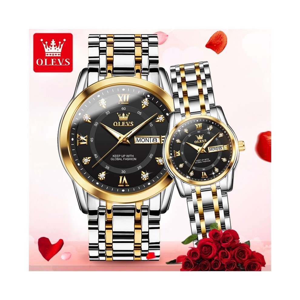 (5513C Gold Schwarz) OLEVS 5513 Quarz Herren Frauen Paar Uhren Set Top Marke Luxus Original Leucht
