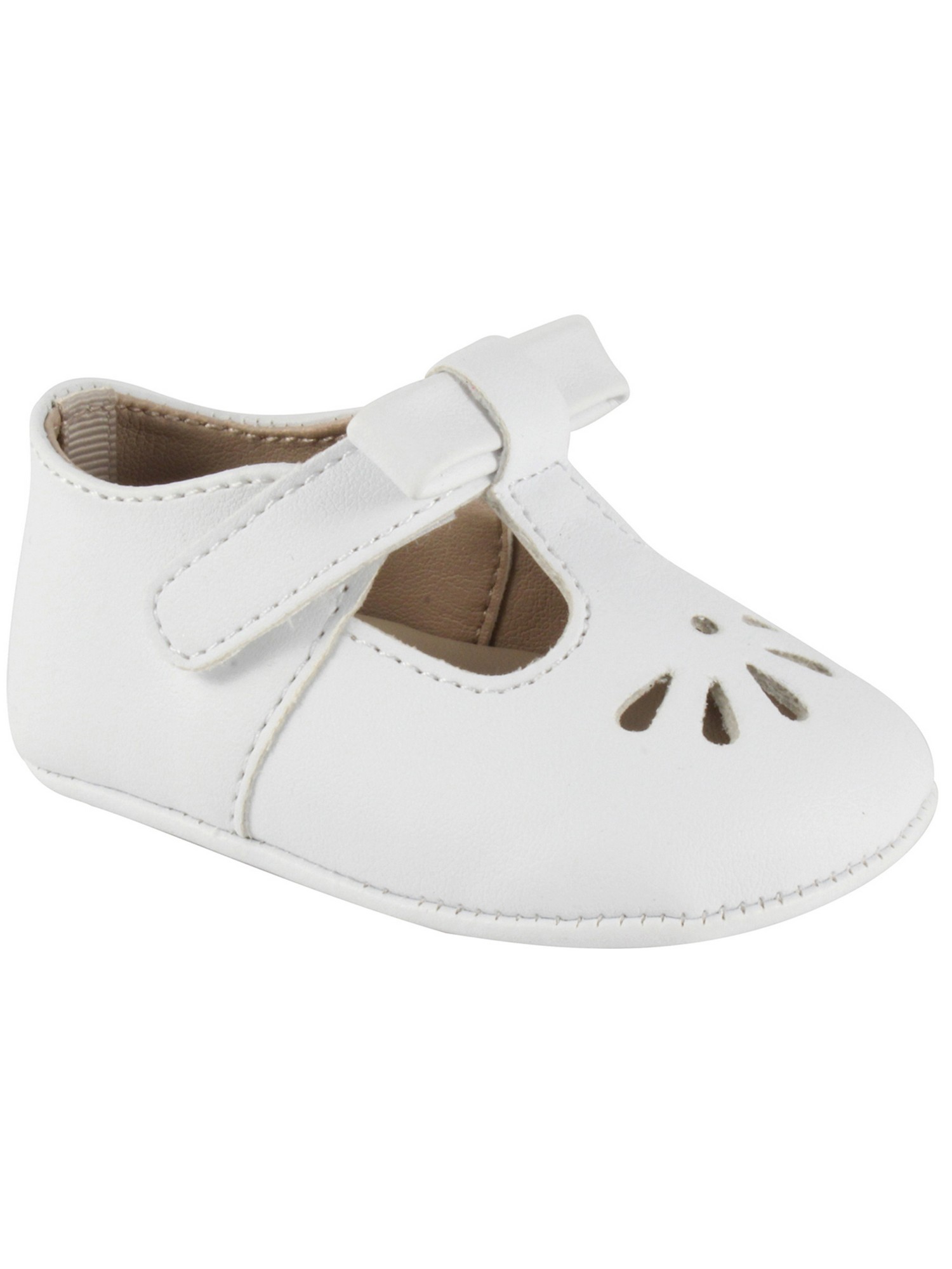Baby Deer Baby Girl Soft Leather-Like T-Strap with Bow and Perforation - White