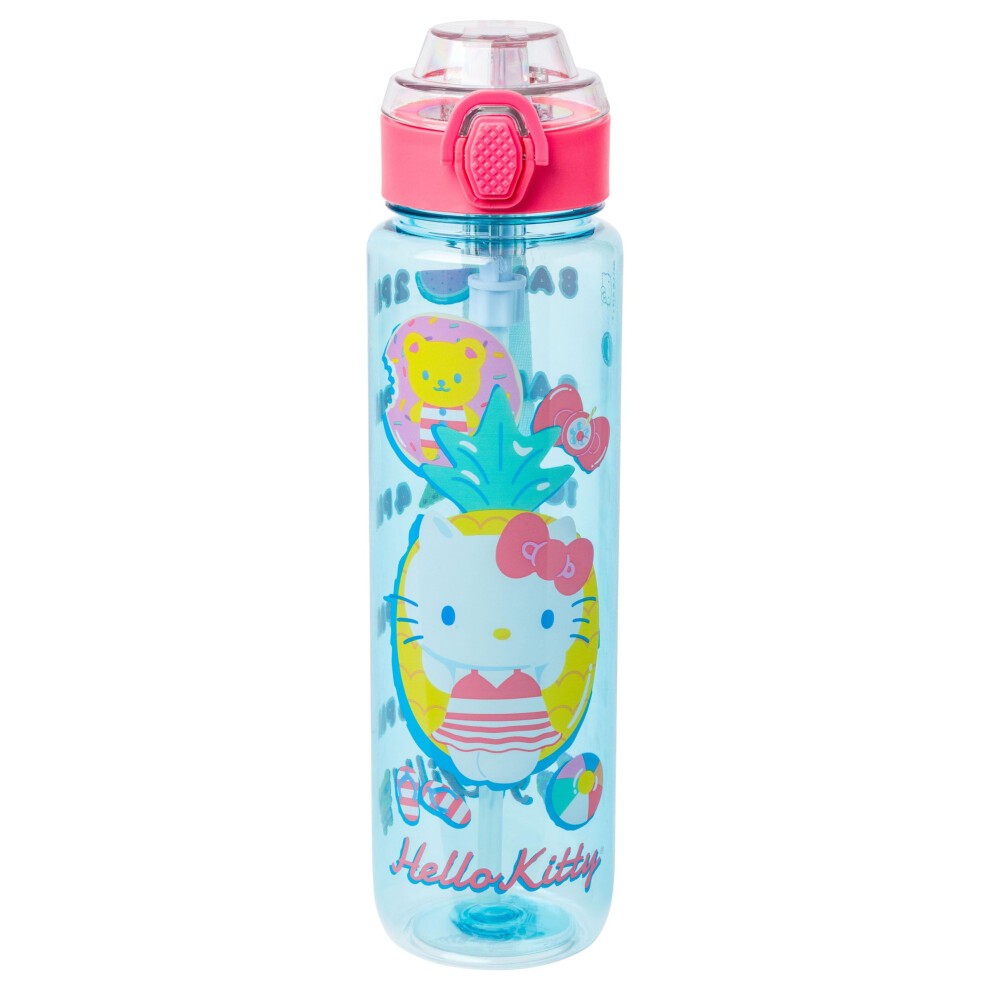 Silver Buffalo Sanrio Hello Kitty Pool Party Plastic Blue Water Bottle with Locking Lid  Strap  and Hydration Tracker  33 Ounces