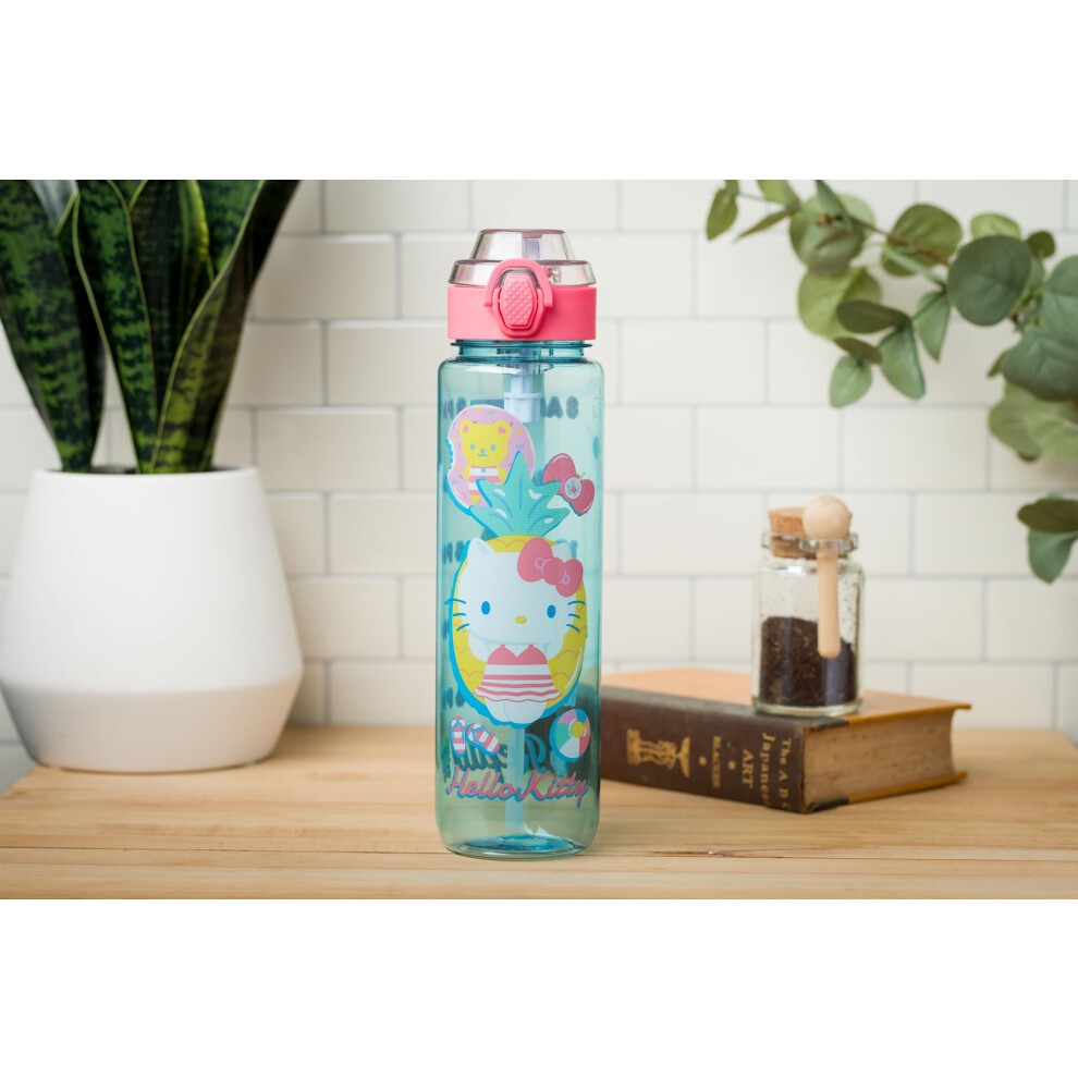 Silver Buffalo Sanrio Hello Kitty Pool Party Plastic Blue Water Bottle with Locking Lid  Strap  and Hydration Tracker  33 Ounces thumbnail