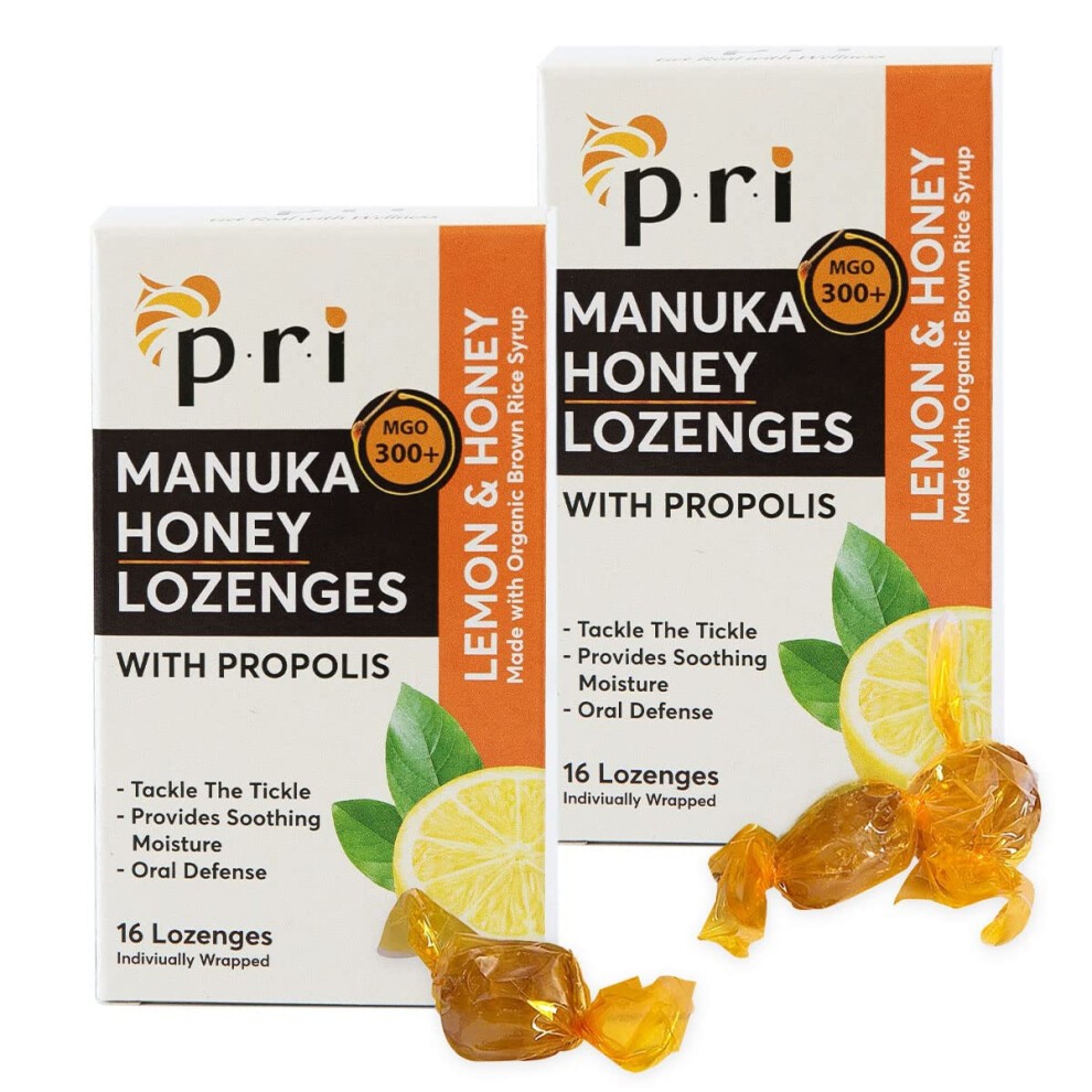 P.R.I Manuka Honey Lozenges with Propolis  Soothing Cough and Throat Drops  MGO 300+ Certified  (Lemon  16 Count/2 Pack)
