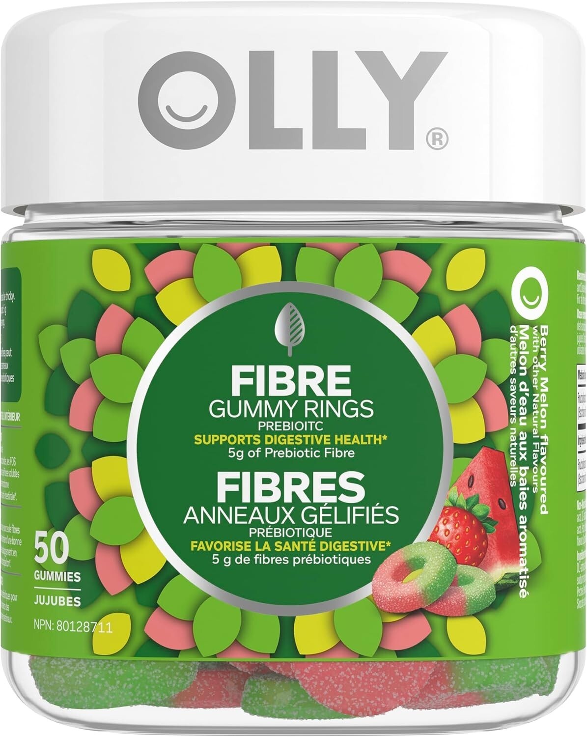 Olly Fiber Gummy Rings Prebiotic Digestive Berry Melon Flavor Health 50 Pcs NEW