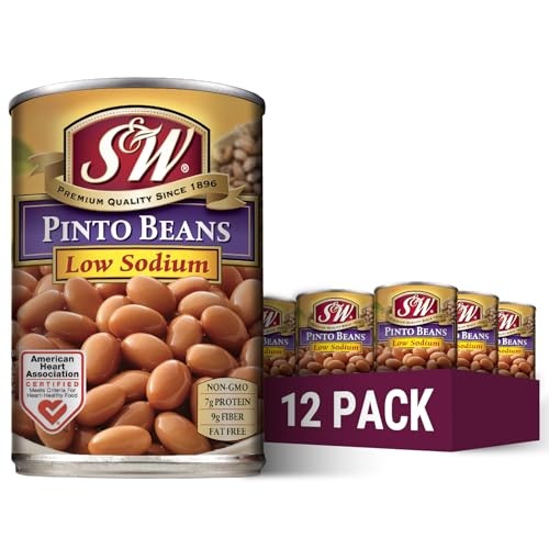 S&W Low Sodium Canned Pinto Beans, Plant Protein and Fiber, Gluten Free, Vegan, Fat Free, 12 Pack of 15.5 Oz Cans