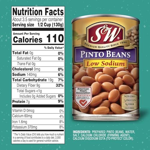 S&W Low Sodium Canned Pinto Beans, Plant Protein and Fiber, Gluten Free, Vegan, Fat Free, 12 Pack of 15.5 Oz Cans thumbnail