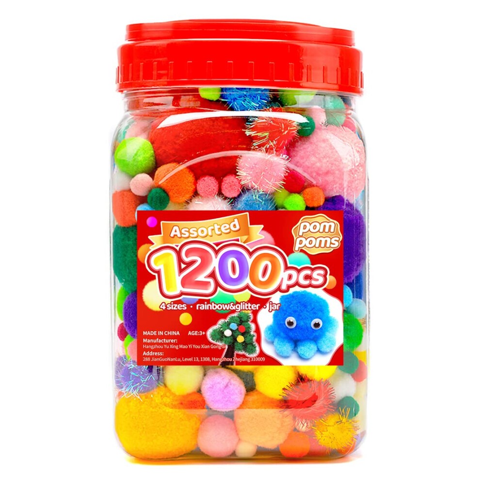 Iooleem Multi-Color Pom Poms  1200pcs Assorted Size & Color  Pom Poms for Arts and Crafts  Pom Pom Balls with Wiggle Eyes in Jar  Glitter Pom Poms  Cr
