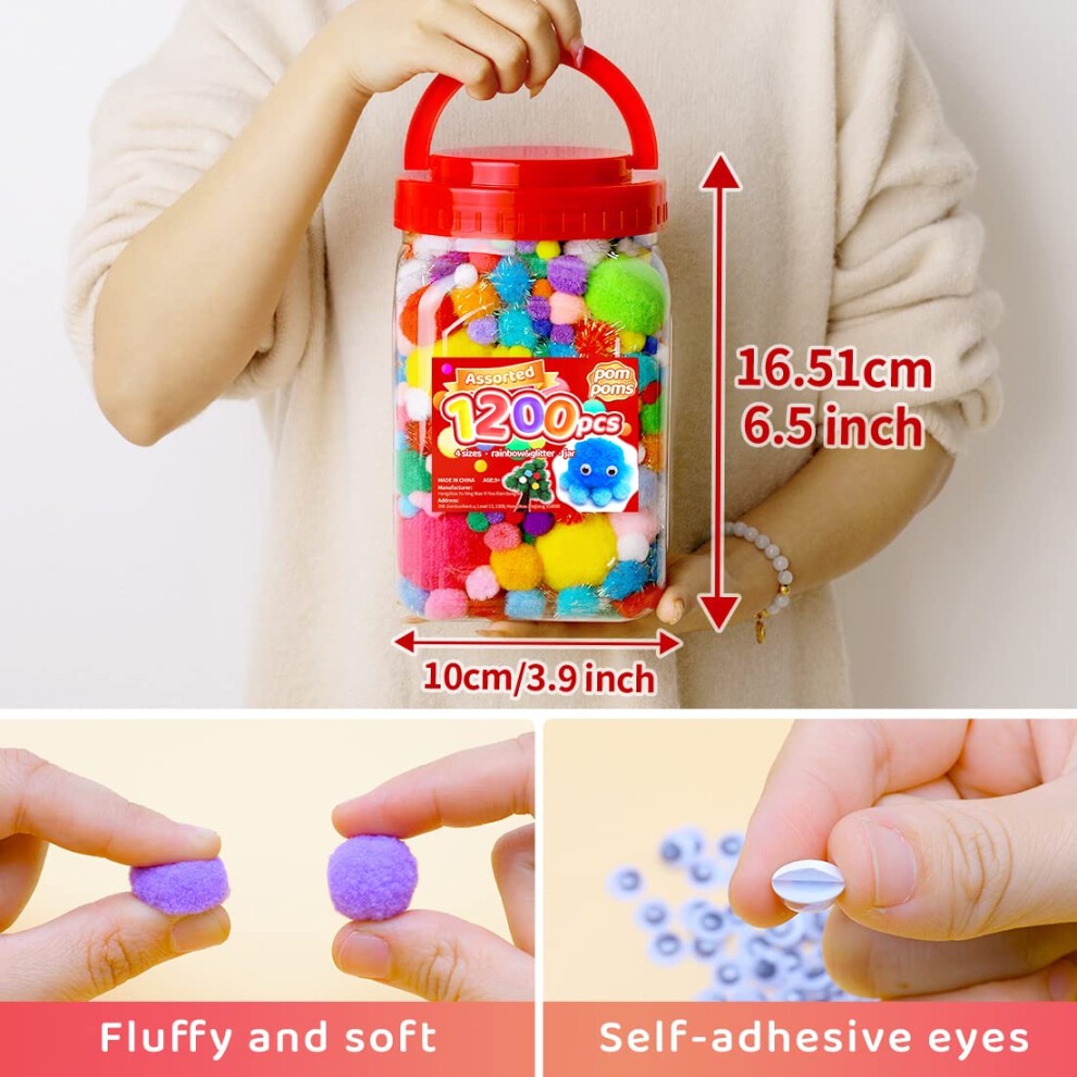 Iooleem Multi-Color Pom Poms  1200pcs Assorted Size & Color  Pom Poms for Arts and Crafts  Pom Pom Balls with Wiggle Eyes in Jar  Glitter Pom Poms  Cr thumbnail