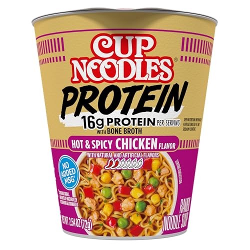 Nissin Cup Noodles Protein Ramen  Chicken Flavor Spicy Ramen with Bone Broth  16g Protein  2.54 Ounce Cup