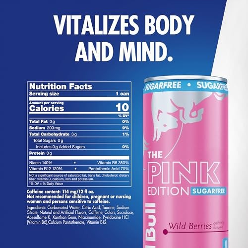 Red Bull Pink Edition Sugar Free Energy Drink, Wild Berries, 12 Fl. Oz., 6 X 4 Cans, Pack of 24 Cans, with 80mg Caffeine, Taurine & B Vitamins thumbnail