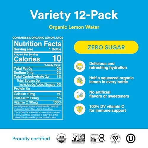 Lemon Perfect 4-Flavor Variety Pack, Flavored Lemon Water, Organic, Zero Sugar, Healthy Hydration Drinks, 15.2 Fl Oz Bottles (12-Pack) thumbnail