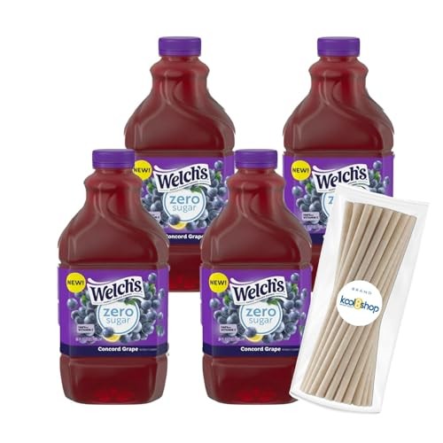 Welch's Zero Sugar Concord Grape Fruit Juice Drink 64 Fl Oz Plastic Bottles 4 Pack + 15 Sugarcane Disposable Straws by KOOL8SHOP Infinite Deals