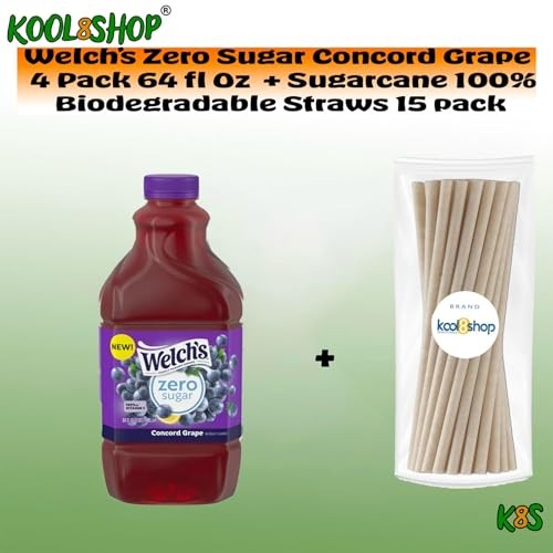 Welch's Zero Sugar Concord Grape Fruit Juice Drink 64 Fl Oz Plastic Bottles 4 Pack + 15 Sugarcane Disposable Straws by KOOL8SHOP Infinite Deals thumbnail