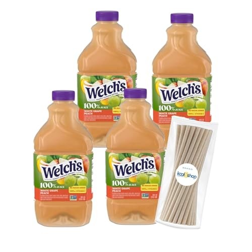 Welch's 100% White Grape Peach Juice Drink 64 Fl Oz Plastic Bottles 4 Pack + 15 Sugarcane Disposable Straws by KOOL8SHOP Infinite Deals