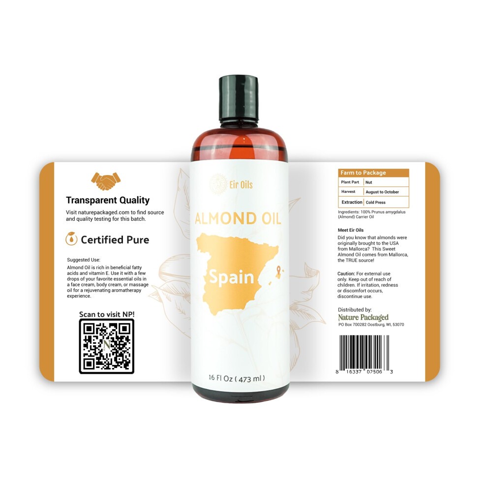 Nature Packaged Sweet Almond Oil (16 Oz) - Sweet Almond Oils for Skin and Hair - Carrier Oils - Essential Oils Mixing - from EIR Farm in Mallorca  Spa thumbnail