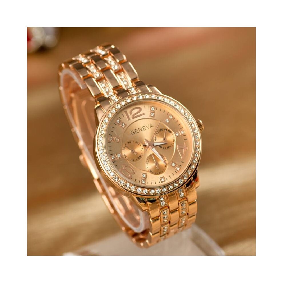 (Rose Gold)Orologio Donna Strass Tre Occhi Cinturino Acciaio Quarzo Decorativo Sottile Delicato