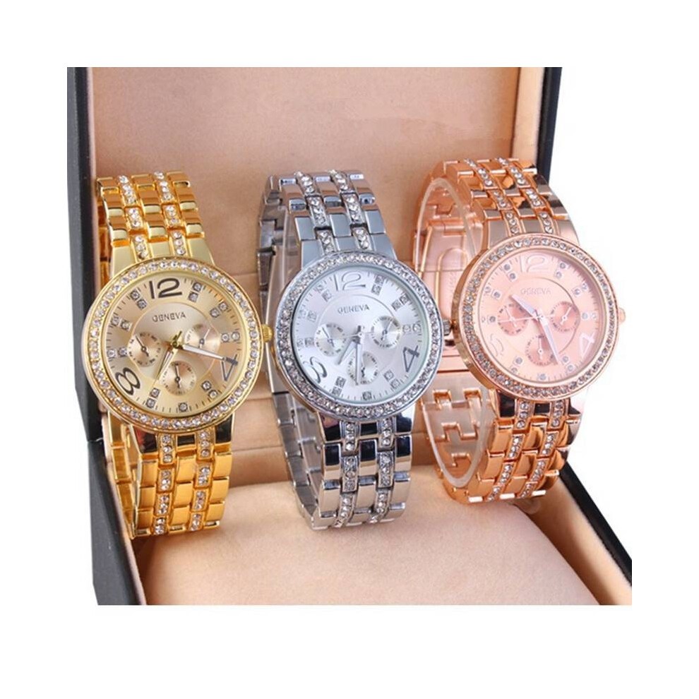 (Rose Gold)Orologio Donna Strass Tre Occhi Cinturino Acciaio Quarzo Decorativo Sottile Delicato thumbnail
