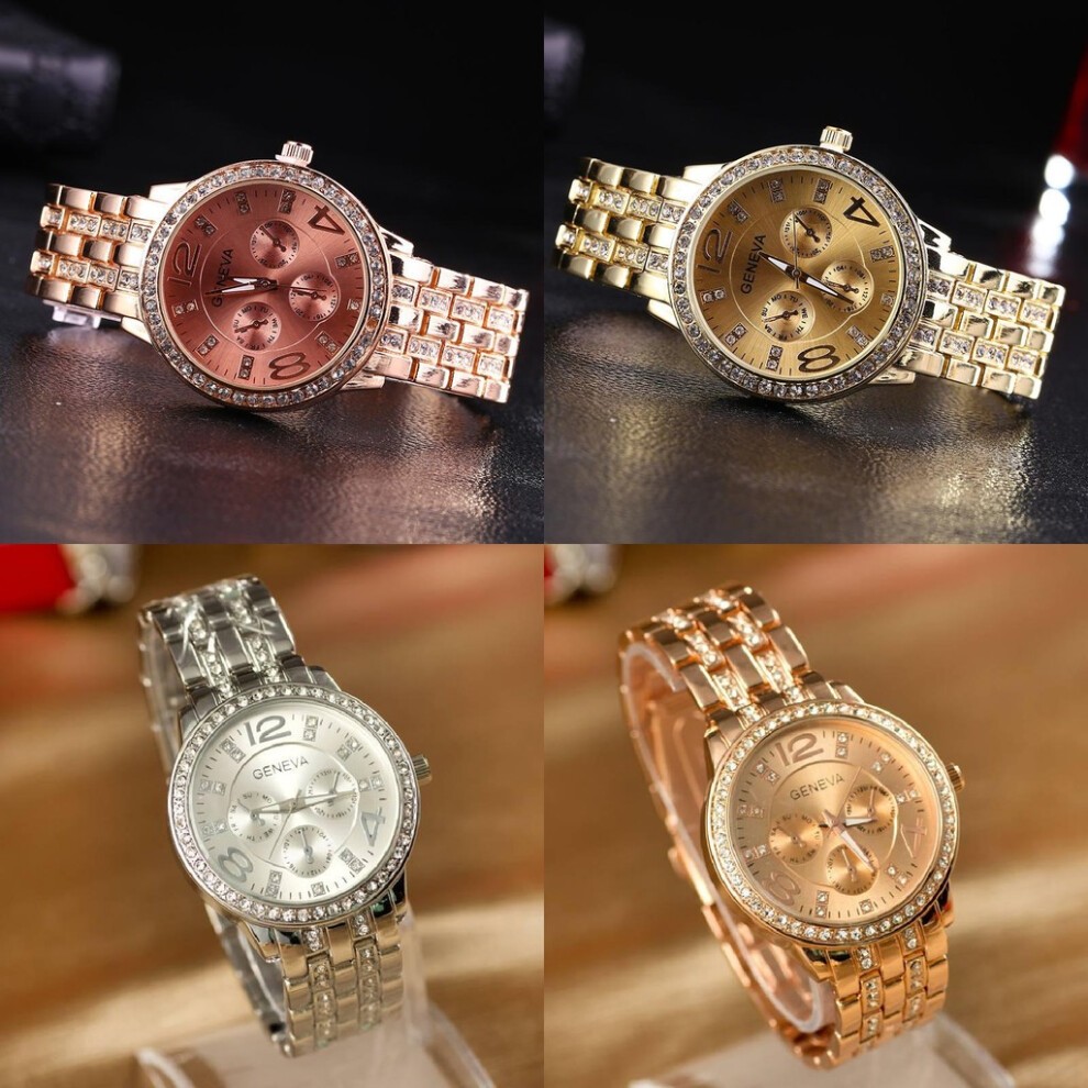 (Rose Gold)Orologio Donna Strass Tre Occhi Cinturino Acciaio Quarzo Decorativo Sottile Delicato thumbnail