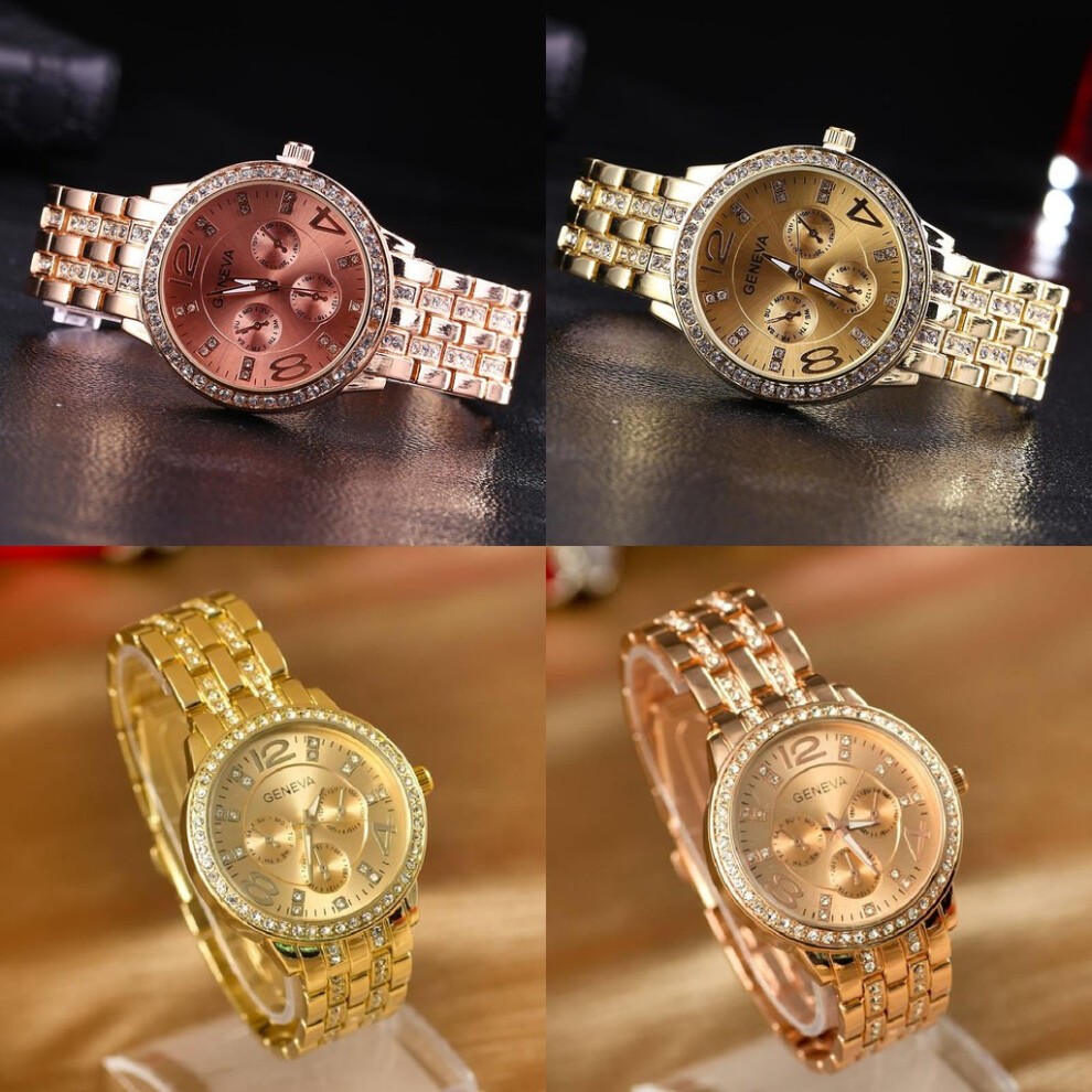 (Rose Gold)Orologio Donna Strass Tre Occhi Cinturino Acciaio Quarzo Decorativo Sottile Delicato thumbnail