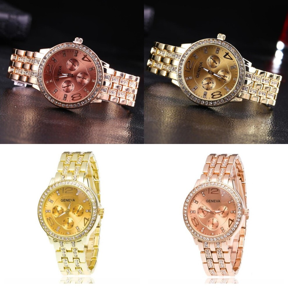 (Rose Gold)Orologio Donna Strass Tre Occhi Cinturino Acciaio Quarzo Decorativo Sottile Delicato thumbnail