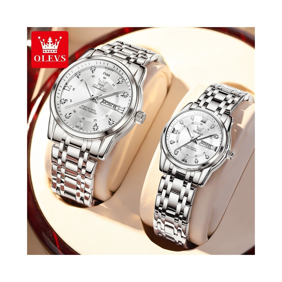 (Tutto Argento) OLEVS 5513 Orologio Da Coppia per Uomo E Donna, Di Lusso, in Acciaio Inossidabile, Al