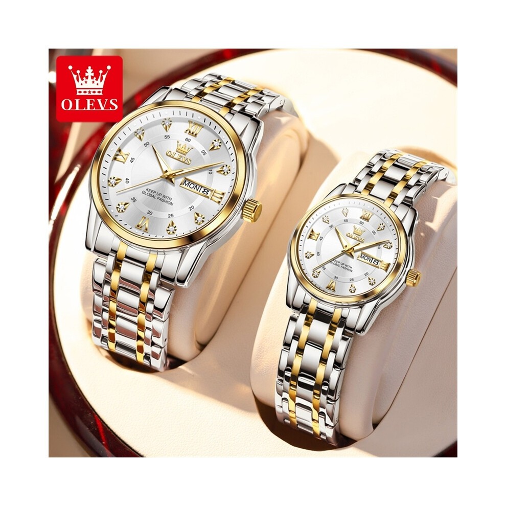 (Oro Bianco) OLEVS 5513 Orologio Da Coppia per Uomo E Donna, Di Lusso, in Acciaio Inossidabile, Al Quarzo,