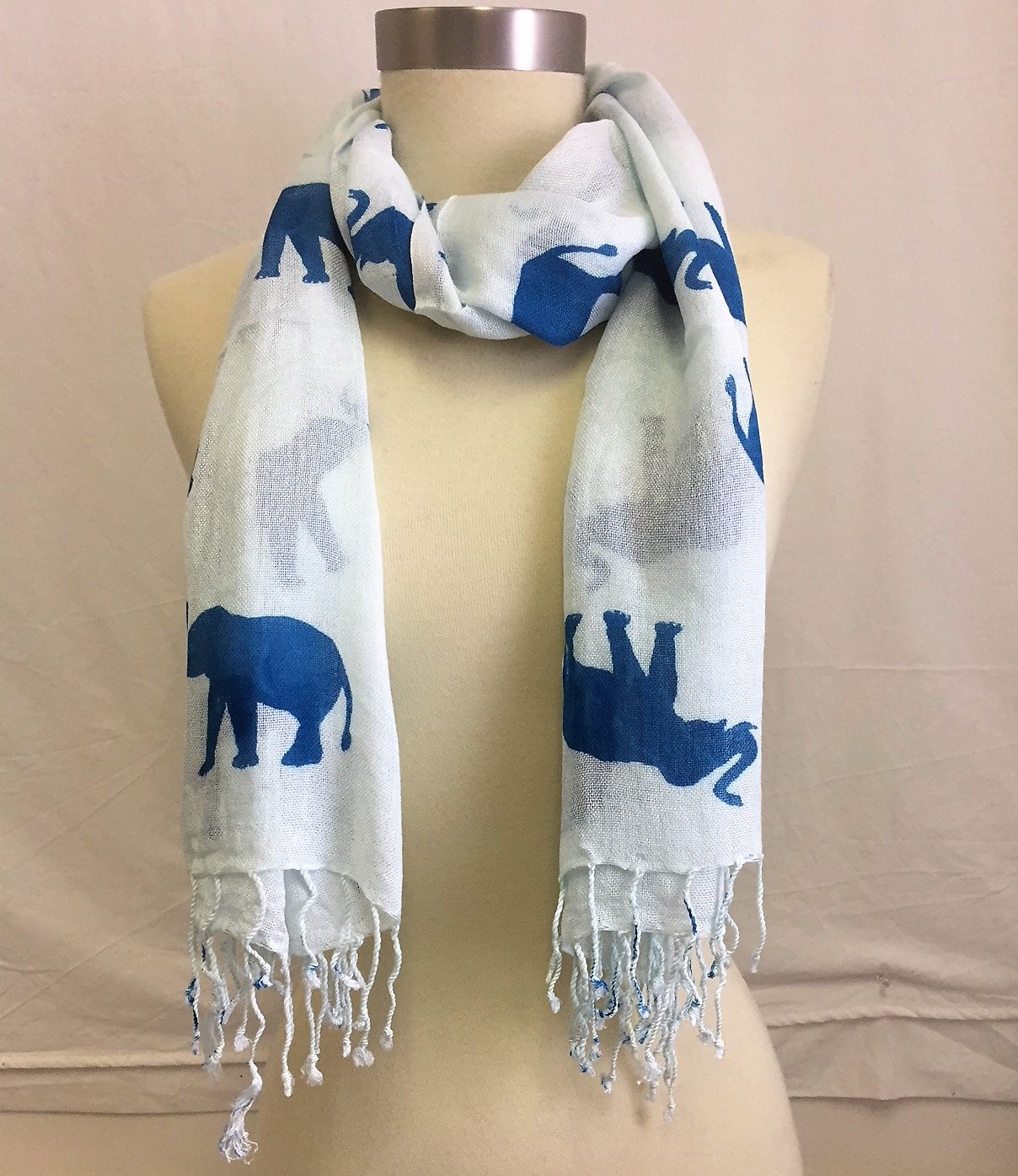 Amtal Women Blue & White Elephant Print Soft Casual Oblong Scarf W/Tassels