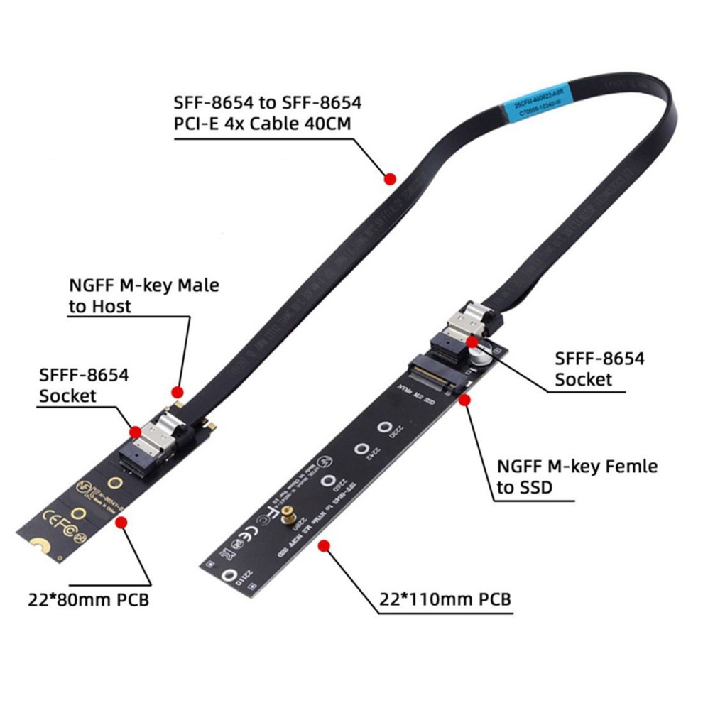 NGFF M.2 NVME M-Key SSD Cabo De Extensão Macho Para Fêmea 40 Cm Com Conector Adaptador SFF-8654 Placa-Mãe 2280/22110 thumbnail