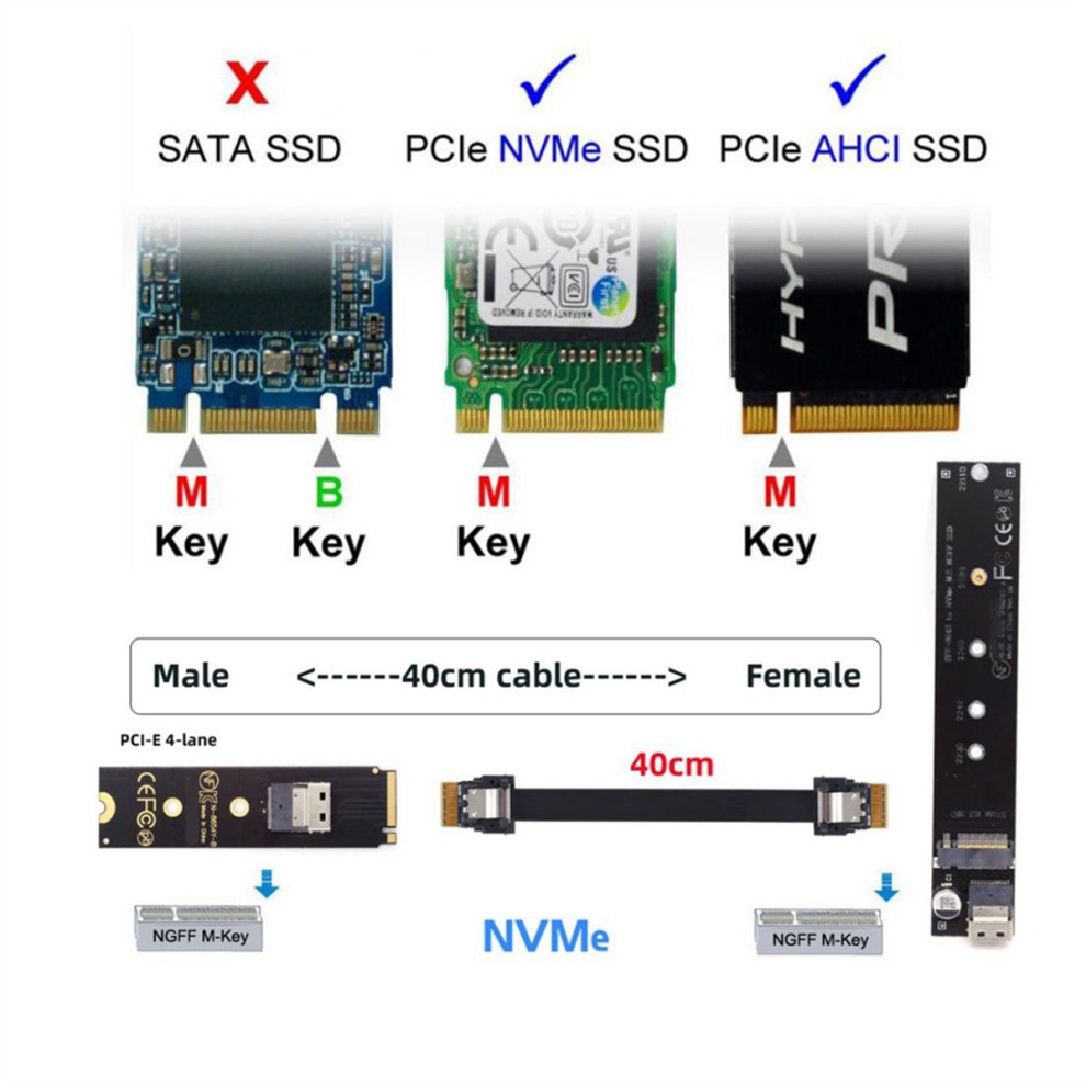 NGFF M.2 NVME M-Key SSD Cabo De Extensão Macho Para Fêmea 40 Cm Com Conector Adaptador SFF-8654 Placa-Mãe 2280/22110 thumbnail