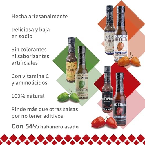 Salsa Picante Tres Espadas | Habanero Hot Sauce | Hot Salsa Crafted with Mexican Habaneros | Hot Sauce Bottles 5 FL OZ Each (Mixed Habanero Pepper Fla thumbnail