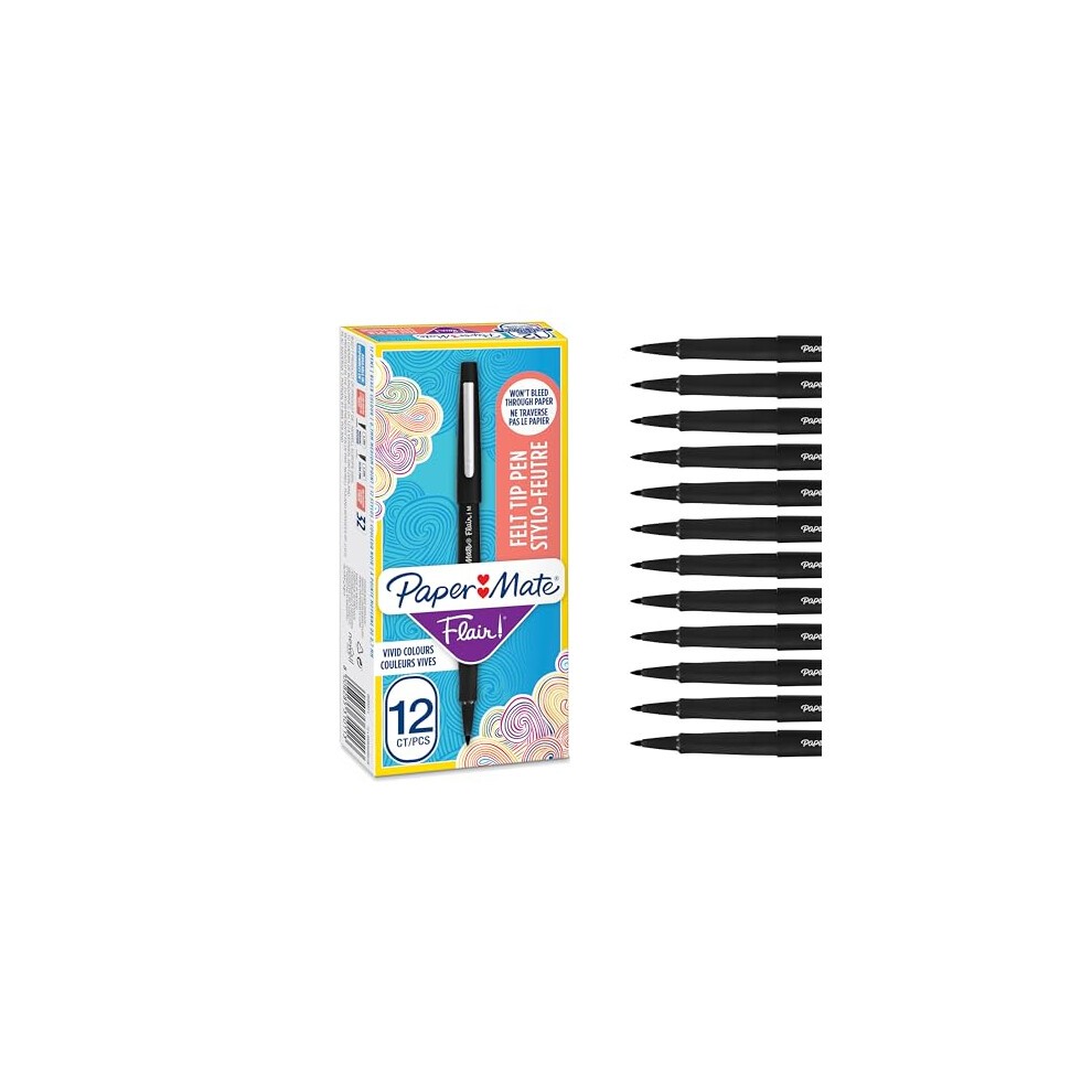Paper Mate Flair Felt Tip Pens | Medium Point (0.7 Mm) Writing Pens | Black Pens | for Writing, Drawing & Sketching | 12 Count