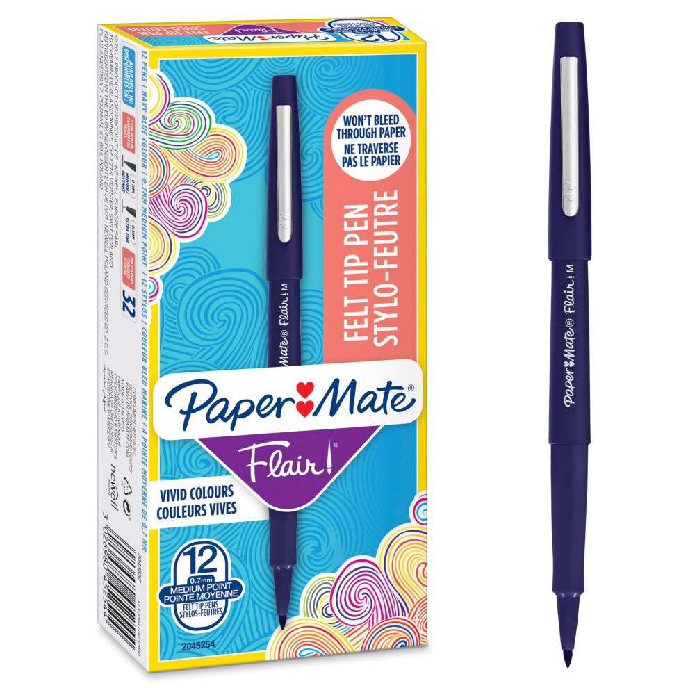 Paper Mate Flair Felt Tip Pens | Medium Point (0.7 Mm) Writing Pens | Navy Blue Pens | for Writing, Drawing & Sketching | 12 Count