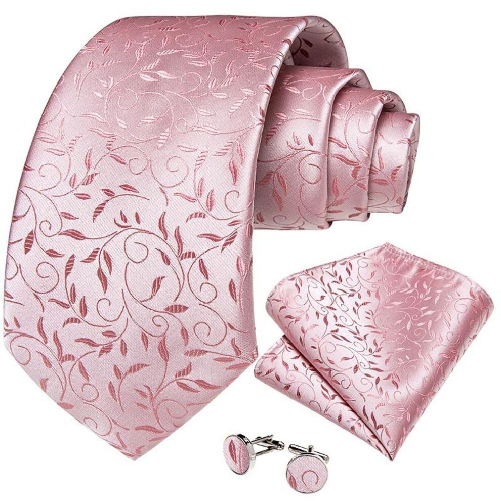 (as the Picture, 7681) Dibangu Mens Ties Pink Paisley Striped Silk Woven Necktie Hanky Cufflinks Set for Wedding Tie thumbnail