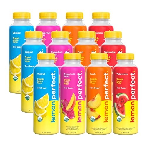 Lemon Perfect 4-Flavor Variety Pack, Flavored Lemon Water, Organic, Zero Sugar, Healthy Hydration Drinks, 15.2 Fl Oz Bottles (12-Pack)