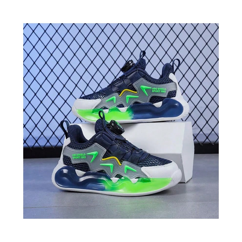 (Dark Blue, 36) Boys and Girls Summer Single Net Rotary Buckle Glow-in-the-dark Sneakers Breathable Walking Shoes 2313