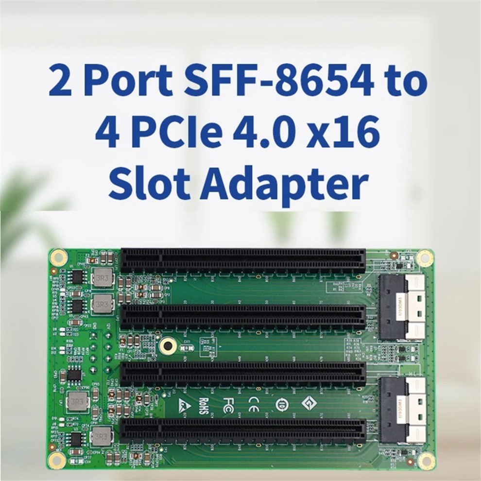 2 Port SFF-8654 to 4 PCIe X16 Slot Adapter Expansion Board with 8 PIN Power Socket thumbnail