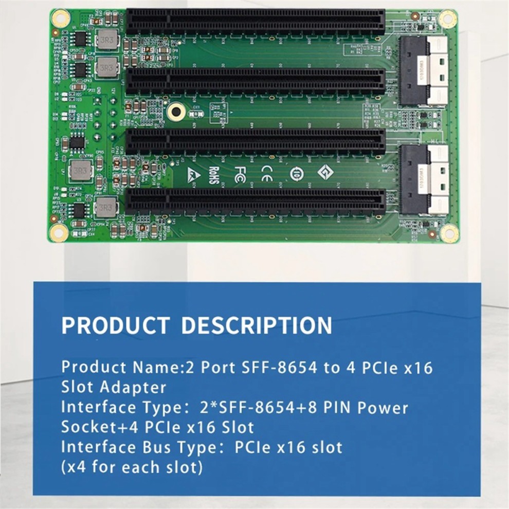 2 Port SFF-8654 to 4 PCIe X16 Slot Adapter Expansion Board with 8 PIN Power Socket thumbnail