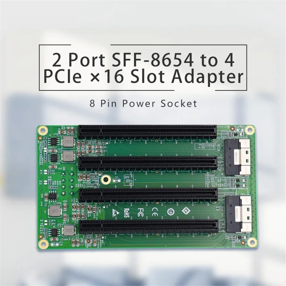 2 Port SFF-8654 to 4 PCIe X16 Slot Adapter Expansion Board with 8 PIN Power Socket thumbnail