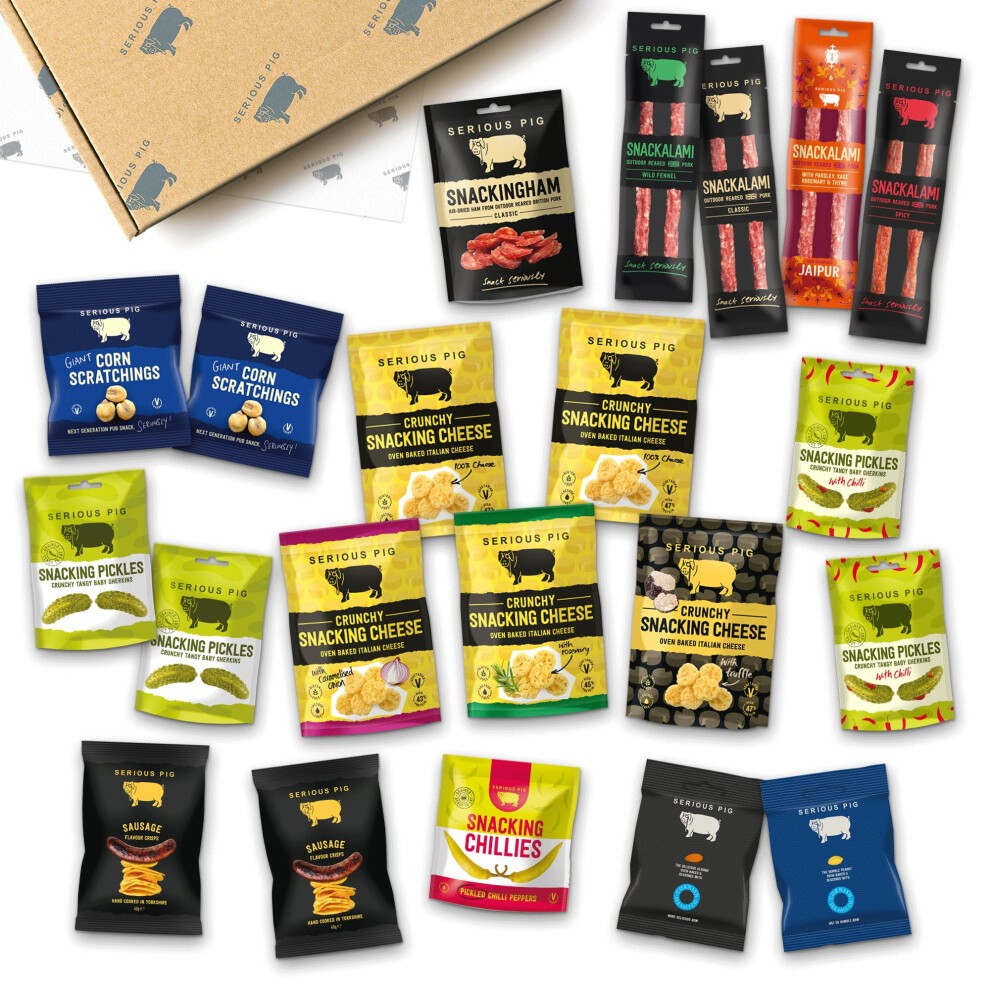 SERIOUS PIG | Gourmet Snack Hamper | with Crunchy Cheese, Salami Sticks, Pickles, Crisps, Salted Peanuts, Roast Almonds and Corn Scratchings