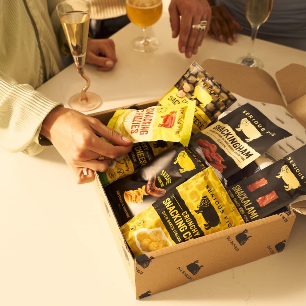 SERIOUS PIG | Gourmet Snack Hamper | with Crunchy Cheese, Salami Sticks, Pickles, Crisps, Salted Peanuts, Roast Almonds and Corn Scratchings thumbnail