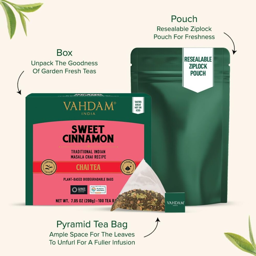 VAHDAM Sweet Cinnamon Tea | 100 Tea Bags | 100% Natural Spices | Cinnamon Masala Chai Recipe | Brew Hot or Iced thumbnail