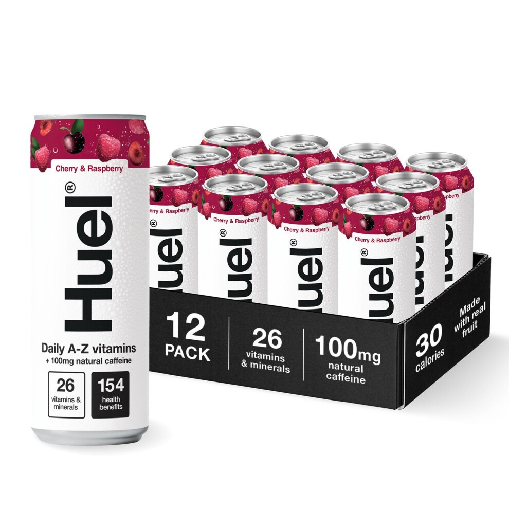 Huel Daily a-Z Vitamins Energy Drink, 12 X 330ml Cans, Cherry & Raspberry Sparkling Multivitamin Energy Drink, Fizzy Drinks Made with Real Fruit, Rich