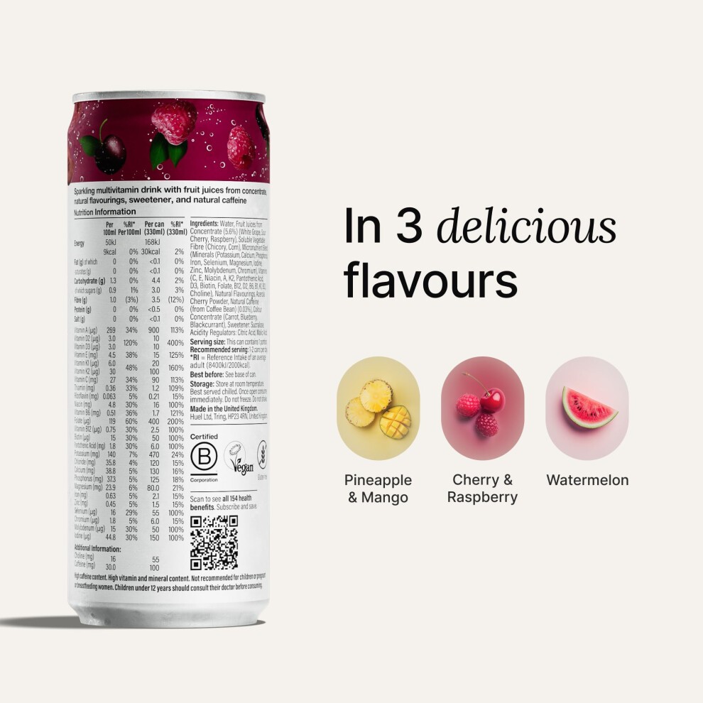 Huel Daily a-Z Vitamins Energy Drink, 12 X 330ml Cans, Cherry & Raspberry Sparkling Multivitamin Energy Drink, Fizzy Drinks Made with Real Fruit, Rich thumbnail