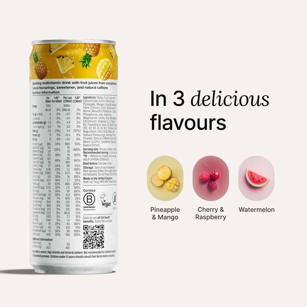Huel Daily a-Z Vitamins Energy Drink, 12 X 330ml Cans, Pineapple & Mango Sparkling Multivitamin Energy Drink, Fizzy Drinks Made with Real Fruit, Rich thumbnail