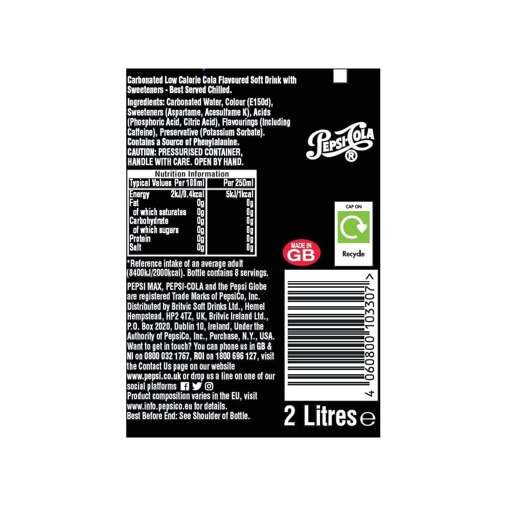 Pepsi Max No Sugar Cola Bottle 2L (Packaging May Vary) thumbnail