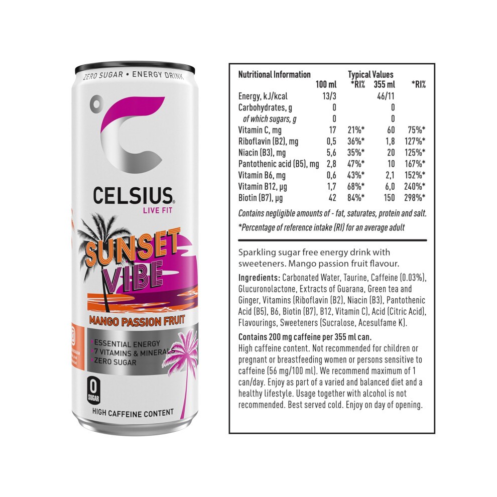 CELSIUS Sparkling Sunset Vibe, Refreshing Energy Drink, 355ml (Pack of 12) thumbnail