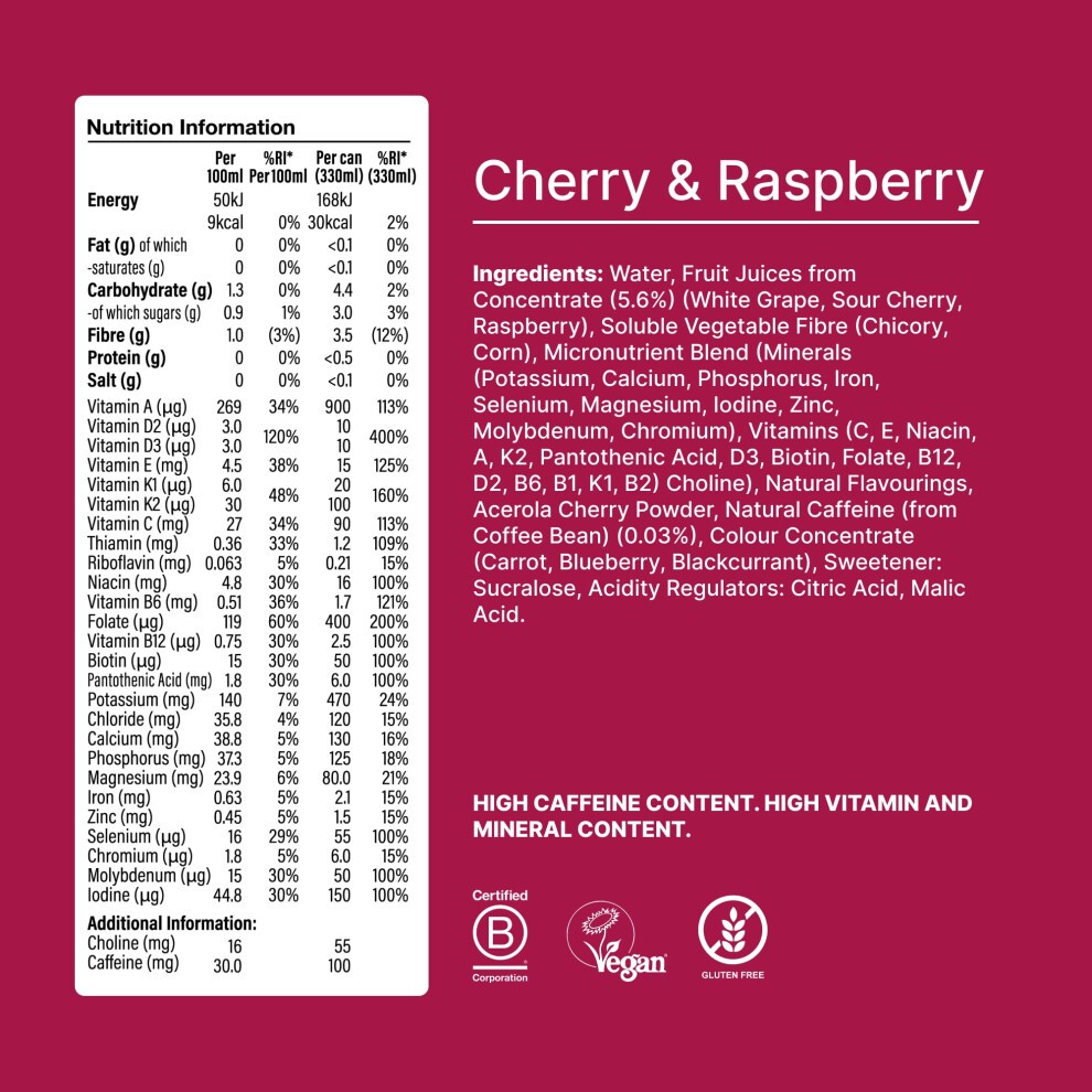 Huel Daily a-Z Vitamins Energy Drink, 12 X 330ml Cans, Cherry & Raspberry Sparkling Multivitamin Energy Drink, Fizzy Drinks Made with Real Fruit, Rich thumbnail
