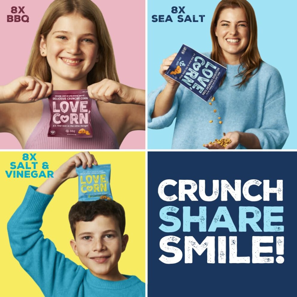 LOVE CORN Variety Pack (8x Sea Salt, 8x BBQ, 8x Salt & Vinegar) ? Healthy Snacks Ideal for Gluten Free & Vegan Diets ? Low Sugar Alternative for thumbnail