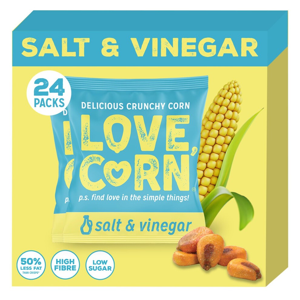 LOVE CORN Salt & Vinegar Crunchy Corn Snack 20g X 24 Bags ? Healthy Snacks Ideal for Gluten Free & Vegan Diets ? Low Sugar Alternative for Crisps,