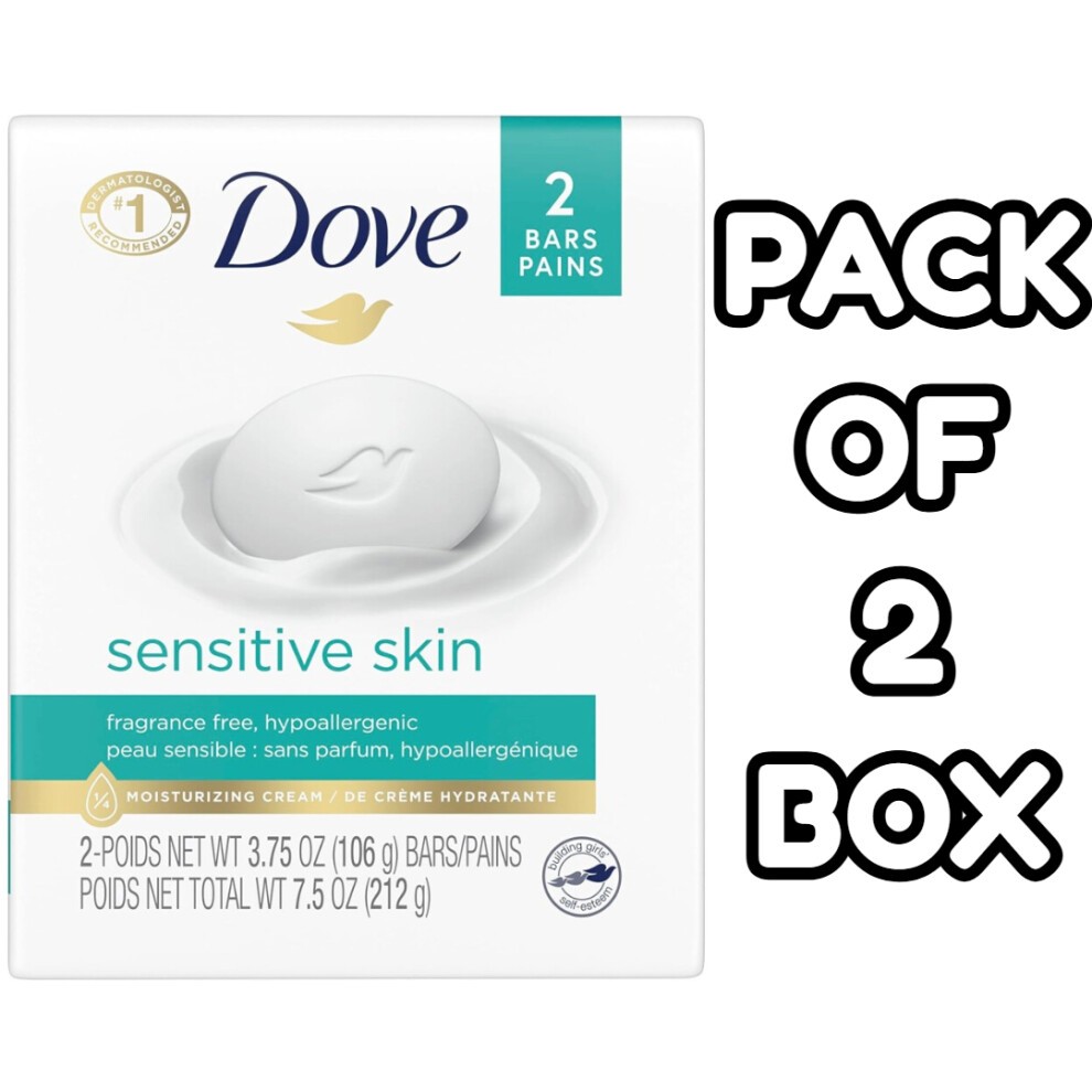 (PACK of 2) DOVE Sensitive Skin Fragrance Free & Hypoallergenic Formula Beauty Bar Soap 106g|Gentle Face Cleanser & Body Soap