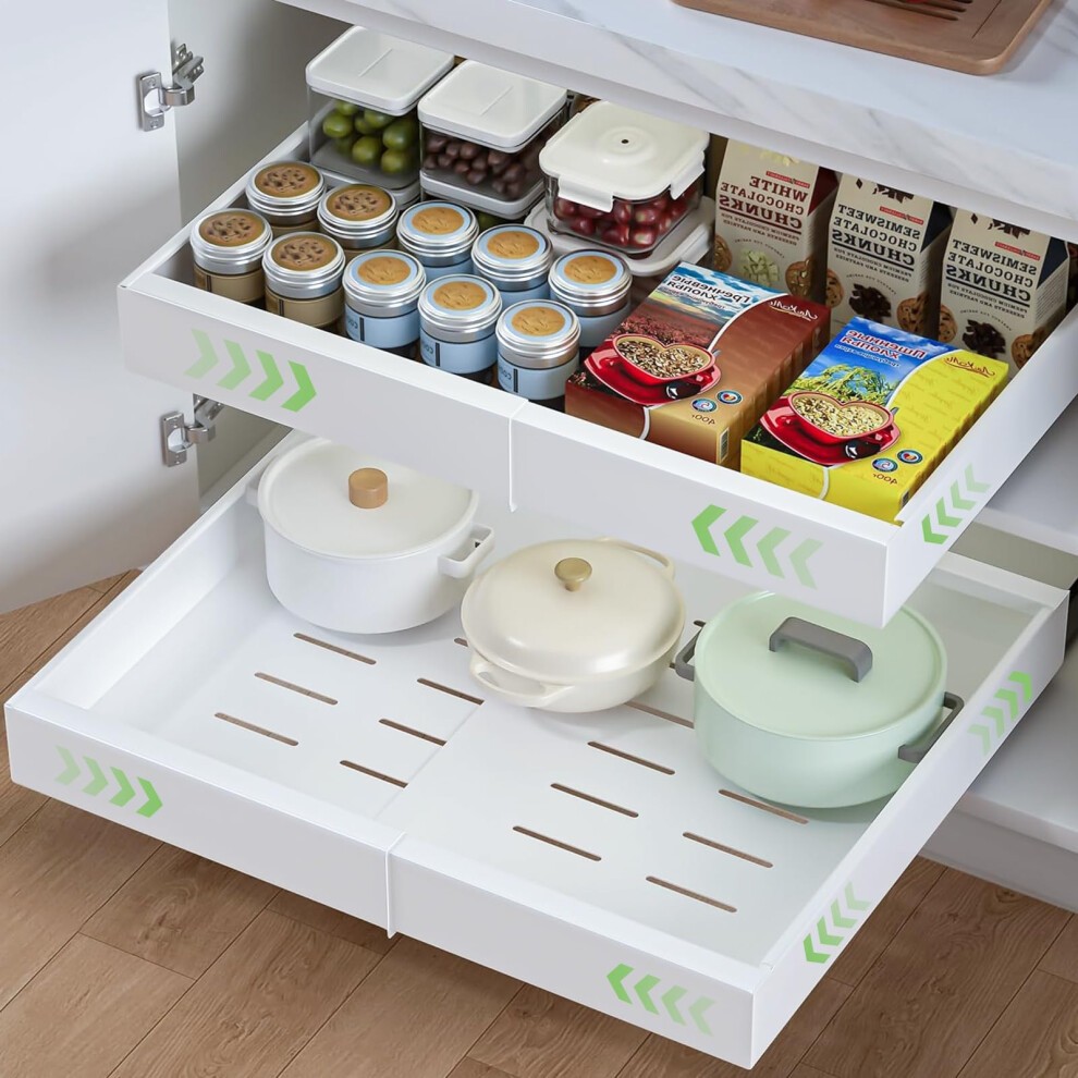 HumiLuft 2PCS Pull Out Cabinet Organiser, 32-52cm Extendable Slide Out Kitchen Drawer Adhesive,Upgrade 3-Rails Slide Drawers Storage Shelves with Rail