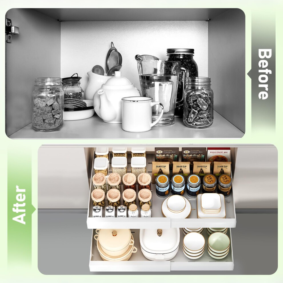 HumiLuft 2PCS Pull Out Cabinet Organiser, 32-52cm Extendable Slide Out Kitchen Drawer Adhesive,Upgrade 3-Rails Slide Drawers Storage Shelves with Rail thumbnail